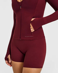 เสื้อแจ็คเก็ตโยคะผู้หญิงทรงเข้ารูป แห้งเร็ว ผลิตตามสั่งจากโรงงาน ซิปยาวเต็มตัว คอตั้ง มีช่องสำหรับนิ้วโป้ง เสื้อคลุมวิ่งแบบยาวปกติ - Product Image 5