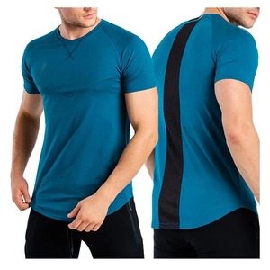 Men's Blue O-Neck Short Sleeve <b>T</b>-Shirt Regular Fit Knitted Breathable 100% Polyester 300g Casual Solid Color Contrast <b>Back</b> Panel - Product Image 1