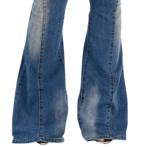 Jean évasé bleu taille haute pour femme en denim stretch, coupe bootcut, coupe slim, décontracté, pantalon à jambe large, vêtement de mode - Product Image 5