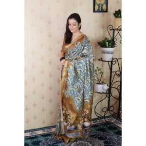 ผ้าคลุมไหลไหมทัสซาร์สีทอง ลายพิมพ์นามธรรม ทอแบบซารี น้ำหนัก 450 กรัม สำหรับงานปาร์ตี้ - Product Image 2