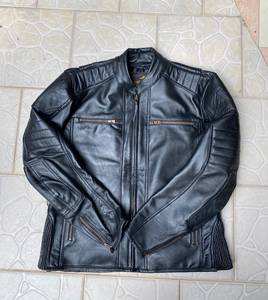Blouson moto en cuir véritable pour homme, col montant, fermeture éclair, noir uni, coupe classique, pour l'automne - Product Image 2