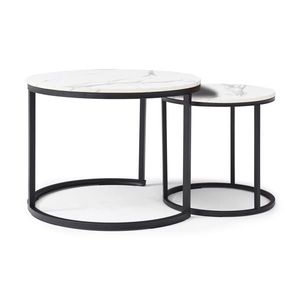 Set of 2 Movable Coffee <b>Tables</b> <b>White</b> Gray Top with Black Frame Circular <b>Round</b> Marble Pattern Wooden Base for Living Room Bedroom - Product Image 1