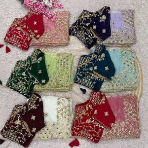 Sari de satén de seda de diseñador con bordado de lentejuelas y borde calado, con blusa cosida, precio mayorista de Royal Export - Product Image 5