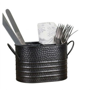 Porta cubiertos de metal galvanizado de estilo rústico de alta calidad, acabado negro martillado, organizador ovalado para utensilios de cocina y soporte para cucharas. - Product Image 1