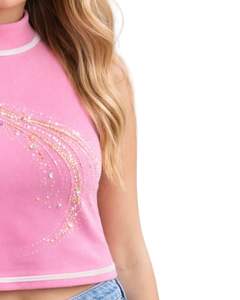 Débardeur côtelé rose personnalisé pour femme à col montant avec motif vague en strass, sans manches, été, fabrication sur mesure - Product Image 2