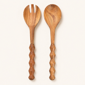 Juego de 2 Servidores de Ensalada de Madera de Acacia Hechos a Mano con Mango Único en Forma de Bobina, Cuchara y Tenedor de Madera para Cocina y Servicio - Product Image 5