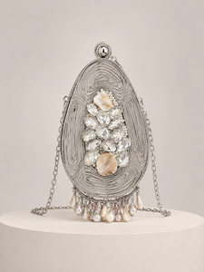 Bolso Mini de Latón con Cristales de Perla, Cierre Ovalado a Presión, Correa de Mano, Bandolera, Borla Decorativa y Bordado - Product Image 1