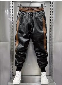 Spezia International Men's Faux Leather Heavyweight Anti-Pilling Sweatpants Elastic Waist Side Stripe Casual Joggers Trousers - Product Image 3