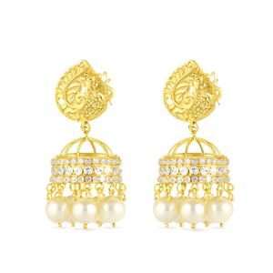 Gold Kemp Jhumka Pendant Earrings with Pearl and Diamond for Wedding Party Gift - Product Image 3