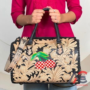 Western Floral Hand Tooled Leather Speedy <b>Bag</b> Women Trending Cherry Checkered Design <b>Overnight</b> Crossbody Shoulder Duffle <b>Bags</b> - Product Image 1