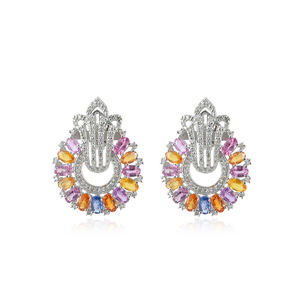 Pendientes Florales Hechos a Mano de Plata de Ley 925 con Diamantes Pavé y Múltiples Gemas de Zafiro, Venta al por Mayor de Joyería - Product Image 2