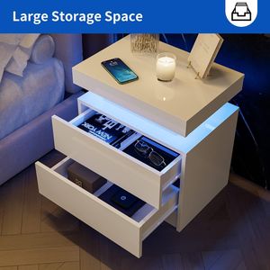 Modern <b>White</b> LED Nightstand with 2 Drawers <b>Bedside</b> Table Cabinet Lights for Bedroom - Product Image 2