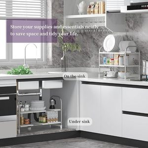Étagère de rangement métallique à 2 niveaux, organisateur de cuisine réglable, unité autoportante pour articles divers - Product Image 4