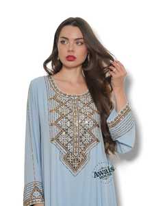 Awais House Women's Light Blue Embroidered Abaya Long Sleeve Floor Length Modest Dress Geometric Pattern Rayon Material - Product Image 4