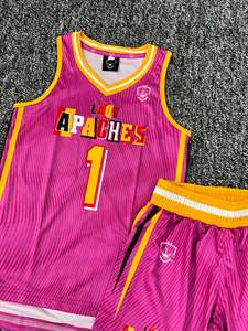 Ensemble de maillots de basket sublimés Lady Apaches rose et jaune, col en V, sans manches, séchage rapide, uniformes sportifs pour filles - Product Image 6