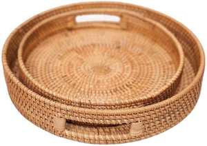 Plateau de service rond en rotin avec poignées, tressé à la main, style bohème, pour le petit-déjeuner, le thé, les collations, rangement domestique - Product Image 6