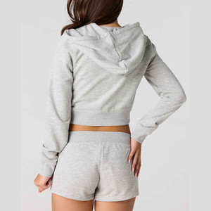 Ensemble deux pièces pour femme : sweat à capuche court zippé et short à cordon de serrage – Tenue de sport décontractée - Product Image 5