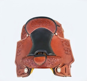 Selle de cheval en cuir pour l'équitation western, le roping et le reining, avec motif gaufré, ferrures en laiton et arceau en bois, de 15 à 17 pouces - Product Image 2