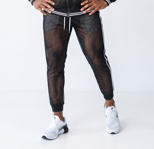 Ensemble de survêtement en maille transparente sexy avec veste zippée et pantalon de jogging transparent 100% polyester, survêtement en maille sexy unisexe pour club - Product Image 4
