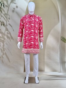 Conjunto de Kurta Pathani de Seda Rosa para Hombre, Túnica Larga Tradicional India-Pakistaní con Pantalones a Juego, para Bodas, Graduaciones, Diwali, Secado Rápido - Product Image 5