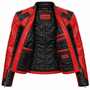 เสื้อแจ็คเก็ตหนังสีแดงสำหรับผู้หญิง แต่งสีดำแบบ Color Block สไตล์ Biker Racer ทรงเข้ารูป คอตั้ง แขนเสื้อแบบซิป  แบบสั่งทำพิเศษ  เสื้อคลุมสำหรับขี่มอเตอร์ไซค์ - Product Image 5