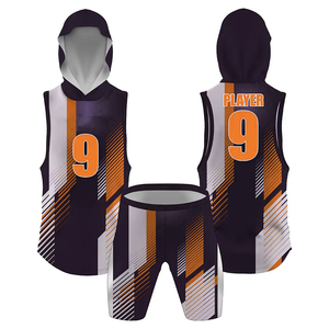 Ensemble short et débardeur à capuche personnalisé, sublimé, bleu marine, rouge et blanc, à rayures géométriques, uniforme de basketball 7v7, joueur 9, service OEM - Product Image 2