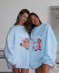 เสื้อสเวตเชิ้ตคอกลมสีฟ้าอ่อนขนาดใหญ่สำหรับผู้หญิงพร้อมกราฟิกการ์ตูนหนูน่ารัก เสื้อสวมหัวลำลองแขนยาว - Product Image 2