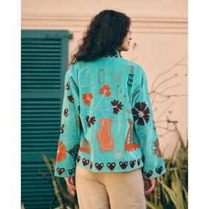 Chaqueta Acolchada de Terciopelo Turquesa para Mujer, Bordada con Flores, Cuello Mandarín de Algodón, Ecológica, de Secado Rápido, Gruesa, para Vacaciones de Primavera - Product Image 6
