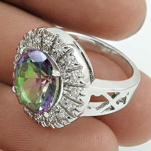 Anillo de Plata de Ley 925 con Topacio Místico Natural de Corte Ovalado y Circonita Blanca, Joyería Bohemia Perfecta para Bodas y Fiestas - Product Image 5