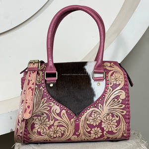 Vintage Bohemian Genuine <b>Tooled</b> Cowhide <b>Leather</b> Western 11" Medium Speedy Bag Floral Handcrafted Lady Shoulder Speedy Handbags - Product Image 2