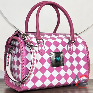 Pink & White Checkered Large Speedy Bag with Turquoise Concho Hand <b>Tooled</b> Cow <b>Leather</b> Crossbody Handbags Stylish Travel Duffels - Product Image 1