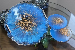 Handmade <b>Blue</b> Resin Geode Tray with Handles & <b>Coasters</b> - Product Image 5
