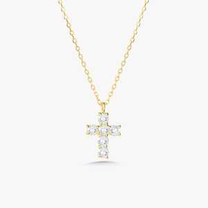 Delicados Collares de Cruz con Diamantes de Oro Sólido 14K 18K, Engaste Pavé, Diamantes Cultivados en Laboratorio, Cierre de Resorte, 18 Pulgadas, Para Usar en Capas, Pequeños, Religiosos, Uso Diario - Product Image 1