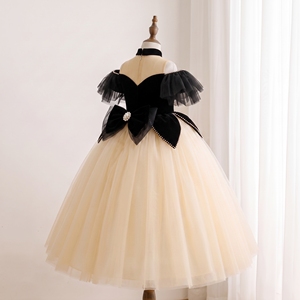 Vestido de Niña para Damas de Honor, de Lujo, en Terciopelo Negro y Tul Color Champán, con Hombros Descubiertos, Adornos de Perlas, Estilo Princesa, para Cumpleaños, Bodas y Concursos - Product Image 3