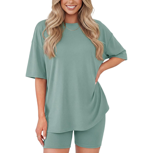 Women's Gray 2-Piece <b>Knitted</b> <b>Set</b> O-Neck Short Sleeve Top With Shorts Solid Loose Fit Breathable Casual Spring Summer Wear - Product Image 3