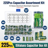 Kit d'assortiment de condensateurs électrolytiques en aluminium FYX Stock 225 pièces, 15 valeurs, 16V 25V 35V 50V, radiaux DIP, composants électroniques en boîte