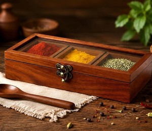 Wooden <b>Spice</b> <b>Box</b> With Three Compartments For Herbs And <b>Spices</b> Handcrafted Wood Storage Container With Metal Clasp Durable Design - Product Image 1