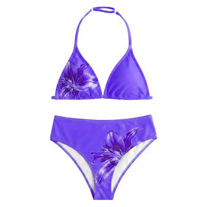 Conjunto de bikini de alta calidad con estampado floral morado, traje de baño triangular, ropa de playa, traje de baño de dos piezas para mujer, top corto fruncido. - Product Image 1