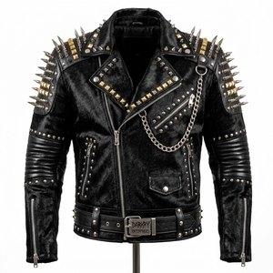 Wholesale Custom Men Studded Punk <b>Leather</b> <b>Jacket</b> Manufacturer Heavy Metal Spikes Rockstar Genuine Cow Hide Fur Biker Coat - Product Image 1