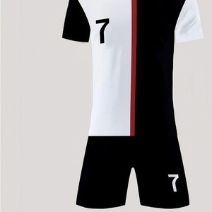 Ensemble de maillots de football personnalisés pour hommes, noir et blanc, imprimé par sublimation, polyester respirant, col en V, anti-bactérien, manches courtes - Product Image 4