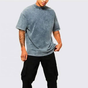 Camiseta de Algodón Azul para Hombre, Talla Grande, Color Sólido, Lavada, Casual, de Manga Corta, Transpirable, Estilo Liso Teñido - Product Image 4