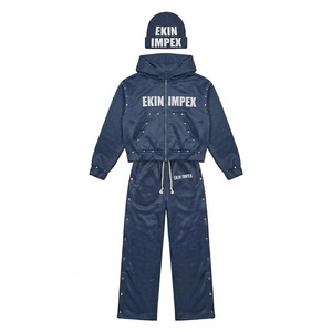 EKIN IMPEX Conjunto Premium Vintage Lavado Azul Marino de 3 Piezas con Tachuelas: Sudadera con Capucha Corta de Corte Holgado con Cremallera Completa y Pantalones Deportivos de Pierna Ancha con Botones a Presión y Detalles Desgarrables - Product Image 3