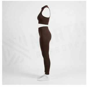North Approach 2 Piece Yoga Set Solid Brown Print Front Seamless High Waist <b>Leggings</b> <b>Crop</b> Top Women's Sportswear - Product Image 3