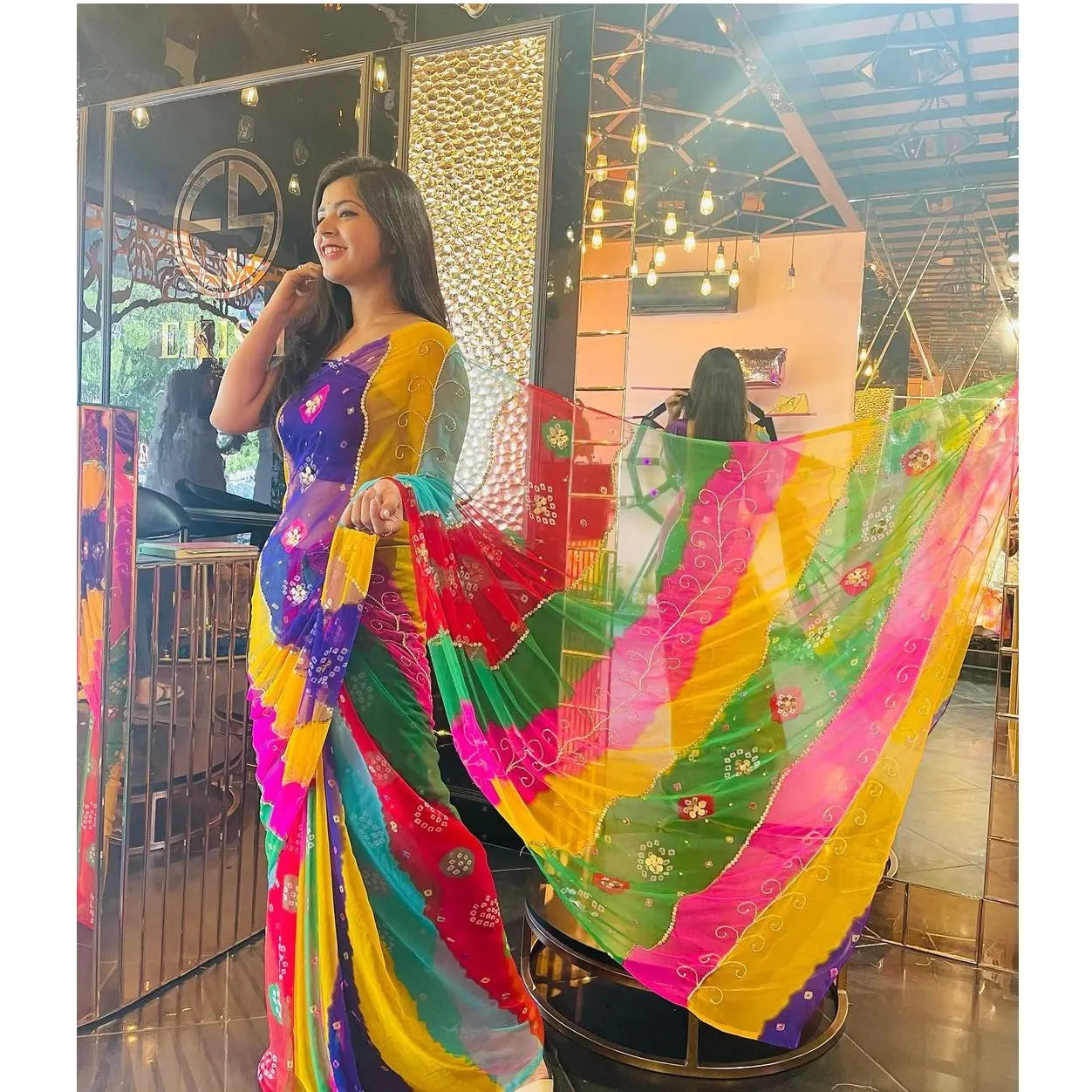 Leheriya Georgette Saree Kerja Urutan Pakaian Festival Pesta Cantik Multiwarna Terbaru Perdagangan Baru Pakaian India Belanja Online