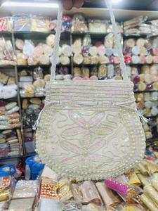<b>White</b> Beaded Sequin Potli <b>Bag</b> Ladies Embroidered Clutch Handbag 100% Pure Cotton Lining Braided Handle Drawstring <b>Evening</b> Purse - Product Image 4