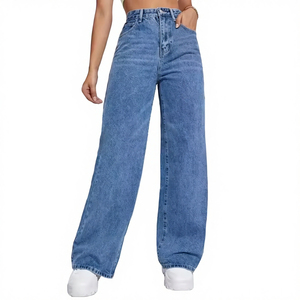 Jean large bleu clair délavé pour femme, taille haute, coupe ample, style streetwear, pantalon en denim baggy 2026 - Product Image 1