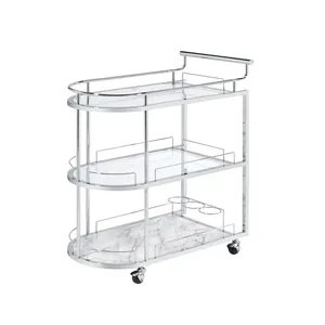 Chariot de bar ovale moderne avec étagères en verre et base en marbre, structure en métal chromé, design durable pour les fêtes - Product Image 1