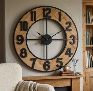 Grande horloge murale rustique style ferme – Bois et métal noir, décoration industrielle bohème pour salon - Product Image 3