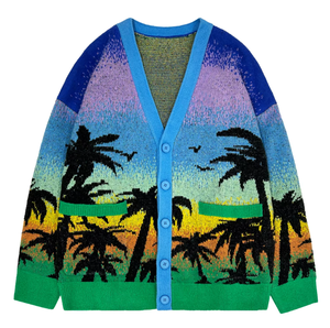 Cardigan en acrylique pour homme, col en V, manches longues, imprimé palmiers tropicaux, fermeture boutonnée, épaisseur standard, respirant, pour l'été - Product Image 3