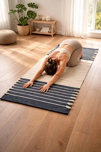 Contemporary Woven Exercise Mat Rectangle Navy White Striped Chenille Fabric Non-Slip Rubber Backing Medium Thickness Home Use - Product Image 2